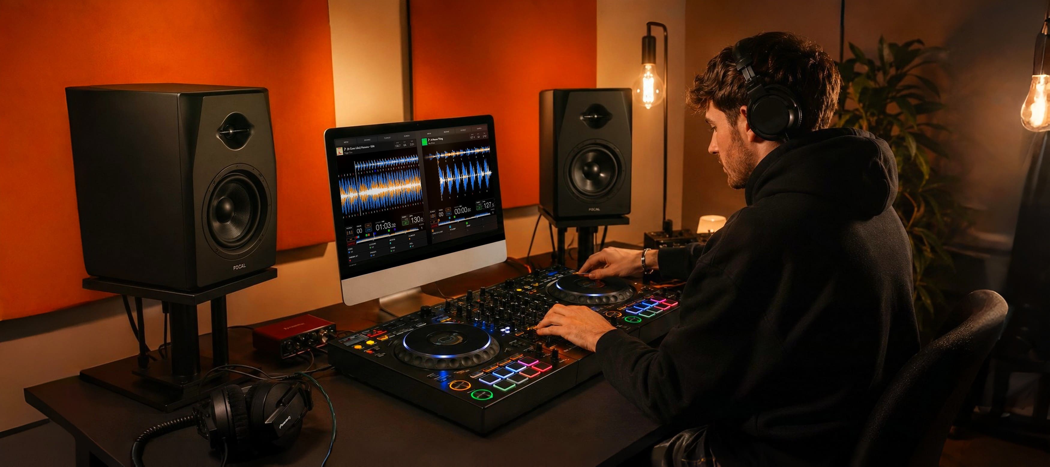 DJ mixant sur son controller avec le logiciel Stembox affiché sur son écran